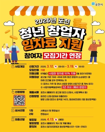 포천시, 청년 창업자 임차료 지원 ‘막차’ 기회... 최대 400만 원 혜택