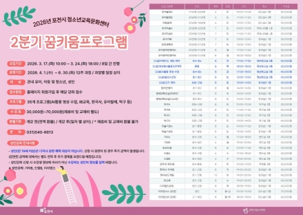 포천시청소년교육문화센터, ‘2분기 꿈키움프로그램’ 수강생 모집... AI·코딩 등 35개 강좌