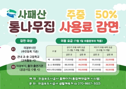 의정부시, 사패산 통나무집 주중 사용료 50% 감면 조례안 전격 시행